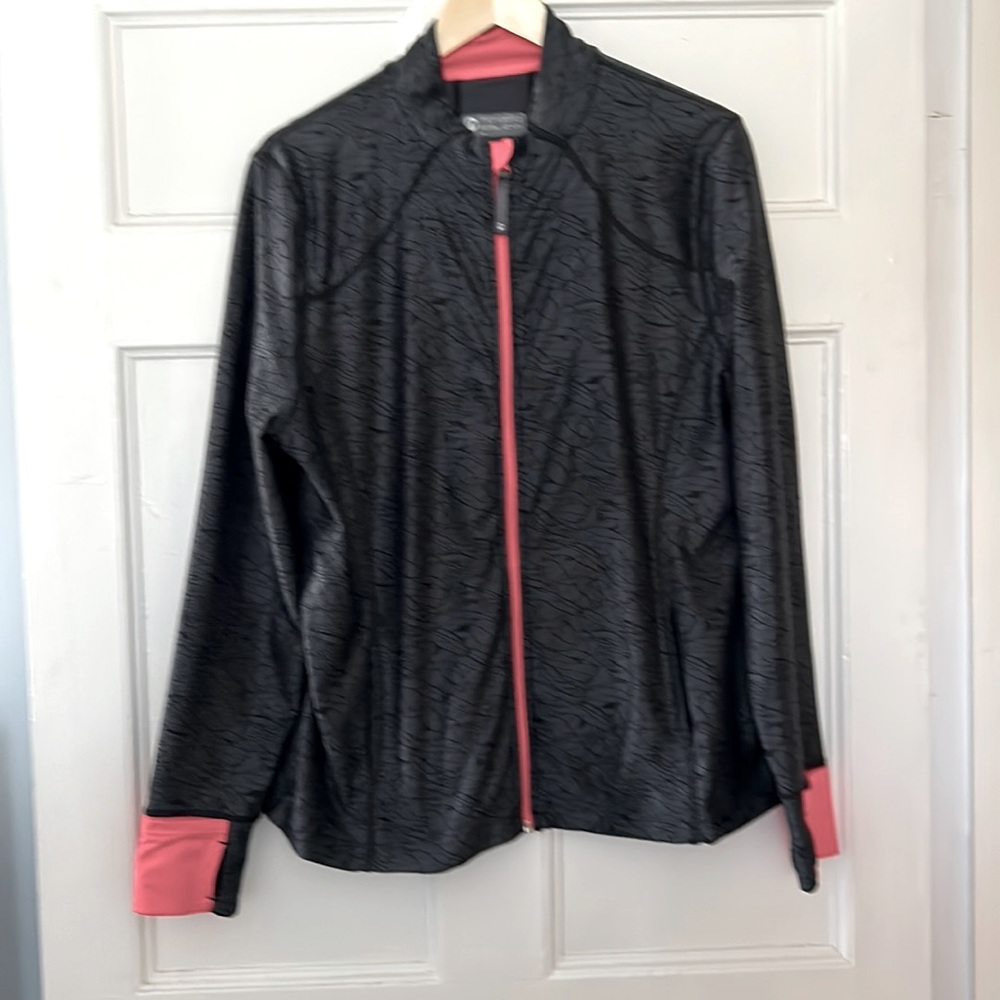 Mondetta ladies full zip running/track jacket. Steel gray with orange trim. XL
